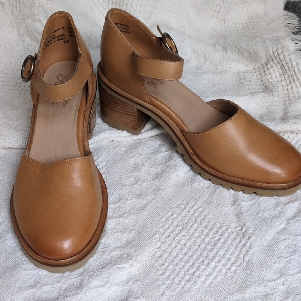 New Seychelles Lock And Key Stack Heel Mary Jane Lug Sole Camel Nutmeg 10 Anthro